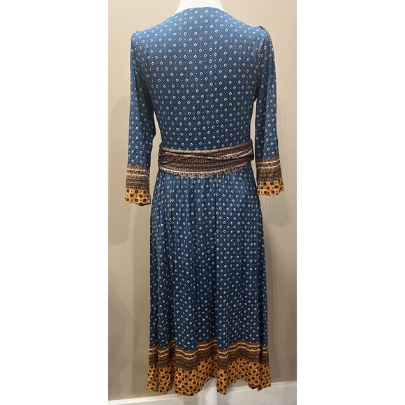 Maeve Anthropologie Teal Gold Border Print Knit Dress Sz M Hippie Boho Western - Picture 4 of 12